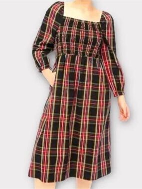 J. Crew Factory Stewart Tartan Plaid Smocked Midi Dress XL Pockets Holiday Party